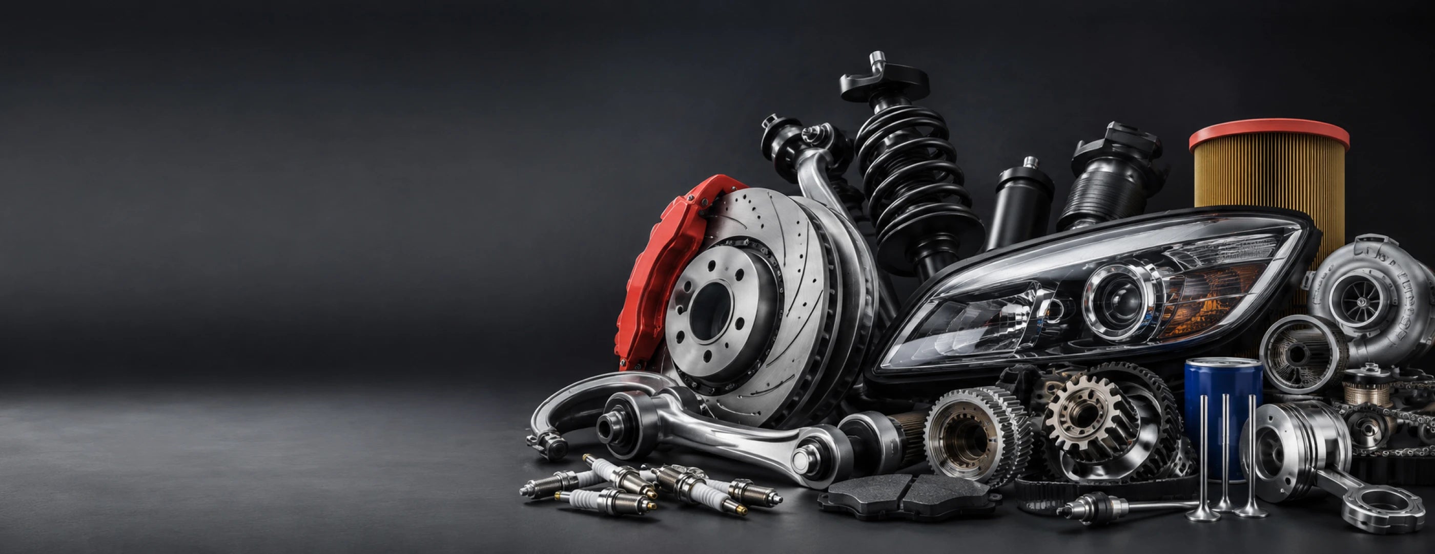 Automotive parts including a brake caliper, rotors, and suspension components on a dark background.
